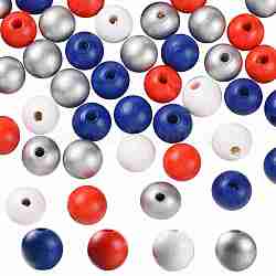 160 pz 4 colori 4 luglio giorno dell'indipendenza americana dipinte perline rotonde in legno naturale, perline sciolte per la creazione di gioielli e decorazioni per la casa, con imballaggio sottovuoto impermeabile, blu e rosso e bianco e argento, 16mm, Foro: 4 mm, 40 pz / colore