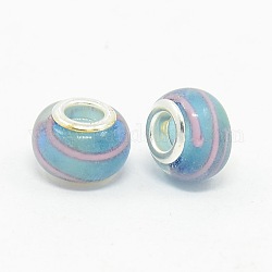Dots Rondelle Handmade Lampwork European Beads, with Silver Color Core, Dark Turquoise, 14x9mm, Hole: 6mm