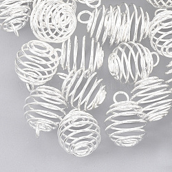 Pendentifs en fil de fer, pendentifs de cage de perle en spirale, ronde, couleur argentée, 24x19.5mm, Trou: 4.5mm