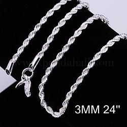 Brass Rope Chain Necklaces, with Lobster Claw Clasps, Silver Color Plated, 24 inch, 3mm