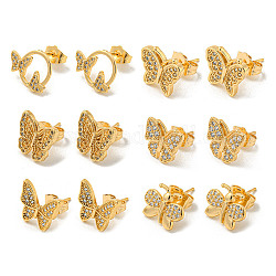 Женские серьги-гвоздики из латуни с микропаве из светлого золота и циркония, бабочка, разнообразные, 10~12x12~15.5 мм