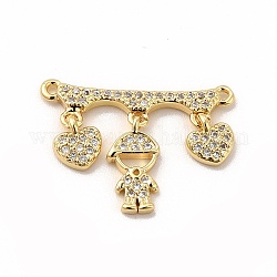 Rack Plating Brass Micro Pave Clear Cubic Zirconia Heart Connector Charms, Cadmium Free & Lead Free, Real 18K Gold Plated, Boy Pattern, 16x22x2mm, Hole: 1mm