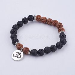 Thème de yoga pierre de lave bodhi perles en bois bracelets à breloques, avec les accessoires en alliage de style tibétain, om symbole, 50mm, Environ 22 pcs/chapelet