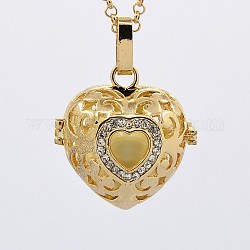 Golden Brass Rhinestone Cage Pendants, Chime Ball Pendants, Heart, with Brass Spray Painted Bell Beads, Lemon Chiffon, 27x27x21mm, Hole: 3x5mm, Bell: 16mm