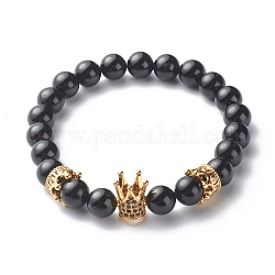 Bracelets élastiques de perles rondes en pierre noire naturelle, avec micro en laiton paver perles cubes de zircone, couronne, diamètre intérieur: 2-1/4 pouce (5.8 cm)