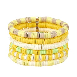 Handgemachte Heishi-Perlen-Stretch-Armbänder aus Fimo, mit vergoldeten Edelstahl-Abstandsperlen, Gelb, Innendurchmesser: 2 Zoll (5.2 cm), 6 Stück / Set