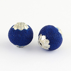 Perline tondo indonesia fatto a mano, con anime in lega di metallo color argento placcato, blu scuro, 13~15x13~14mm, Foro: 1.5 mm