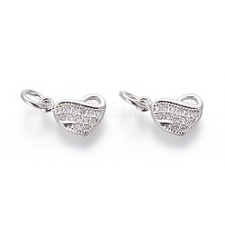 Eco-Friendly Brass Micro Pave Cubic Zirconia Charms, Lead Free & Cadmium Free, Clear, Heart, Platinum, 10.5x7.5x1.5mm, Hole: 3mm