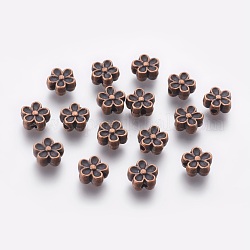 Perles de style tibétain, Alliage de zinc, sans plomb et sans cadmium, fleur, idéal pour la fabrication de cadeaux pour la fête des mères, couleur de cuivre rouge, 7 mm de diamètre, épaisseur de 3.5mm, Trou: 1mm