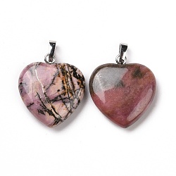Ciondoli Rhodonite naturale, cuore, con accessori di ottone, platino, 22~23x20~20.5x6~7.5mm, Foro: 5x8 mm