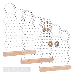 OLYCRAFT 3 Packs 95 Holes Honeybomb Acrylic Earrings Holders Earring Stud Display Pegboards with Wooden Base Clear Earring Display Stands Jewelry Organizer Showcase Racks 19.5x13x0.3cm