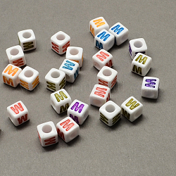 Perline europee di grandi dimensioni con lettere acriliche colorate, foro orizzontale, cubo con letter.w, 7x7x7mm, Foro: 4 mm, circa 1144pcs/500g