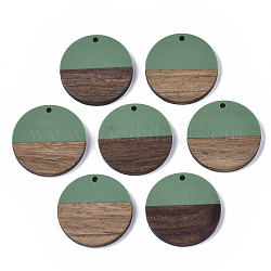 Pendentifs en résine & en bois, plat rond, vert de mer moyen, 28.5x3.5~4mm, Trou: 1.5mm
