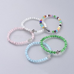 Cat Eye Stretch Bracelets, with Brass Micro Pave Cubic Zirconia Cross Beads, Mixed Color, 2 inch(5cm)