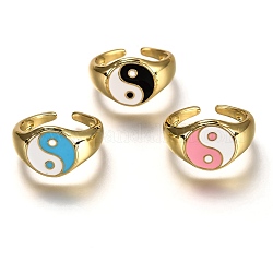 Brass Enamel Cuff Rings, Open Rings, Long-Lasting Plated, Flat Round with Gossip/Yin Yang, Real 18K Gold Plated, Mixed Color, US Size 6, Inner Diameter: 17mm