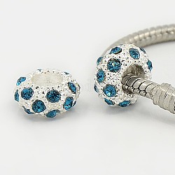 Legierung Rhinestone European Beads, Großloch perlen, Rondell, silberfarben plattiert, Blau Zirkonia, 11x6 mm, Bohrung: 5 mm