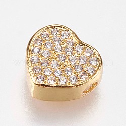 Perles de zircone cubique micro pave en Laiton, cœur, clair, or, 9x9.5x4mm, Trou: 1.2mm