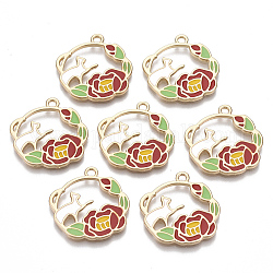 Alloy Pendants, with Enamel, Round Ring with Cat Shape and Flower, Golden, Colorful, 25x22x1.5mm, Hole: 2mm