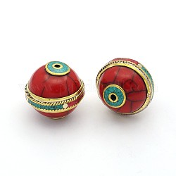 Ручной тибетский стиль плоские круглые бусины, латунная фурнитура с бирюзой, античное золото , красные, 24 мм, отверстие : 2 мм