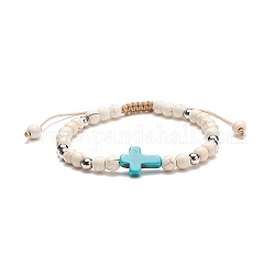 Bracelet de perles tressées en magnésite synthétique avec croix turquoise synthétique (teinte), bijoux en pierres précieuses pour femmes, diamètre intérieur: 2-1/8~3-1/8 pouce (5.5~8 cm)