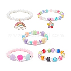 5 stücke 5 stil rund & herz & klee perlen armbänder set, stapelbare Armbänder aus Emaille mit Blumen- und Regenbogenanhängern für Mädchen, Mischfarbe, Innendurchmesser: 1-3/4 Zoll (4.3~4.6 cm), 1pc / style