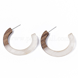 Resin & Walnut Wood Stud Earring Findings, Half Hoop Earrings, Imitation Gemstone, with 304 Stainless Steel Pin, Clear, 35x35x4mm, Pin: 0.7mm