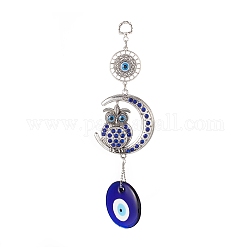 Handmade Lampwork Evil Eye Pendant Decorations, with Resin Rhinestone, Iron Chain, Iron Ring & Alloy Finding, Owl & Moon, Antique Silver & Platinum, 255mm, Hole: 13.5x10mm