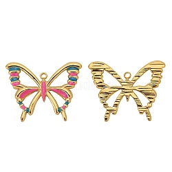 Stainless Steel Pendants, with Enamel, Golden, Butterfly Charm, Hot Pink, 25x20mm, Hole: 1.5mm