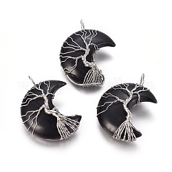Pendentifs enveloppés de fil d'obsidienne naturelle arbre de vie, avec les accessoires en laiton, croissant de lune, platine, 44~46x26~32x12.5mm, Trou: 6.5x4.5mm