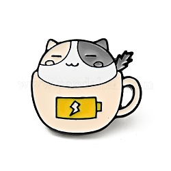 Kaffeetasse Katze Emaille Pin, Elektrophorese schwarz plattiertes Legierungsabzeichen für Rucksackkleidung, antik weiß, 21.5x24.5x2 mm