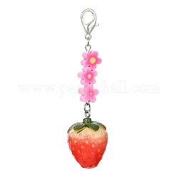 Fruit Resin Pendant Decoration, Zinc Alloy Lobster Claw Clasps and Flower Polymer Clay Beads Charm, Strawberry, 80mm