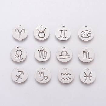 Breloques en 304 acier inoxydable, pour le bricolage fabrication de bijoux, plat rond avec constellation / signe du zodiaque, couleur inoxydable, 12x1mm, Trou: 1mm, 12 pièces / kit