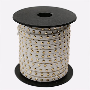 Cordón de gamuza sintética con tachuelas de aluminio dorado, encaje de imitación de gamuza, blanco, 5x2 mm, aproximamente 20 yardas / rodillo