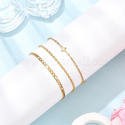 3 шт. 3 стиля браслетов-цепочек и звеньев из нержавеющей стали 304 Figaro и Cable для женщин BJEW-JB12431-1