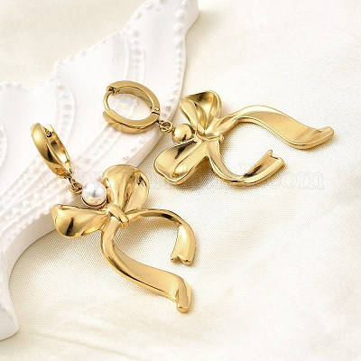 Серьги-кольца с бантом из пластика 304 из нержавеющей стали с имитацией жемчуга для женщин EJEW-U068-03G-1