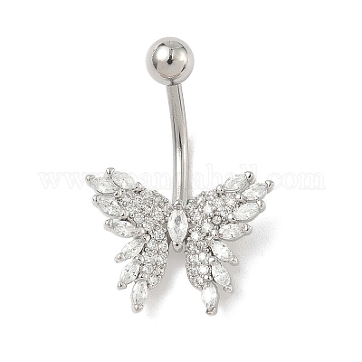 Кольца для живота в форме бабочки из латуни с прозрачным кубическим цирконием и изогнутой штангой AJEW-L099-01A-P-1