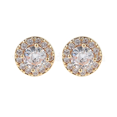 Серьги-гвоздики из плоской круглой латуни с прозрачным кубическим цирконием EJEW-M090-19G-03-1