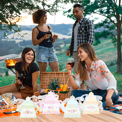 12 шт. 4-цветные 3D-бумажные подарочные коробки для конфет в форме чайника с цветочным принтом и лентой&nbsp;DIY-SP0006-39-1