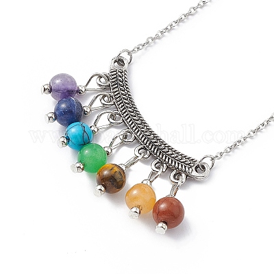 Ожерелье с подвеской в форме прямоугольника из бисера из натуральных смешанных драгоценных камней NJEW-P274-06-1