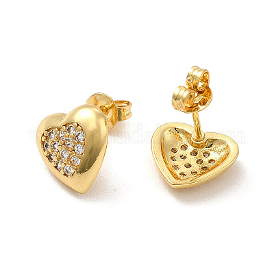 Серьги-гвоздики в форме сердца из латуни с микропаве из прозрачного кубического циркония EJEW-F301-20-1