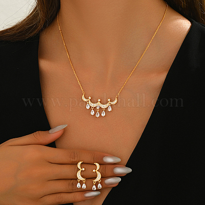 Комплекты серег и ожерелий из латуни с микропаве из кубических цирконий в форме луны и звезды для женщин FS1088-1-1