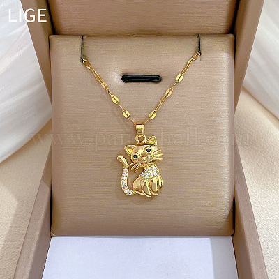 Ожерелья с подвесками в форме кошки из латуни с микропаве из прозрачных и черных кубических цирконий FS-WG44377-01-1