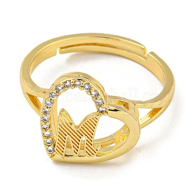 Сердце с буквой стойка покрытие латунь микро паве кубический цирконий регулируемые кольца для женщин RJEW-I105-06G-M-1