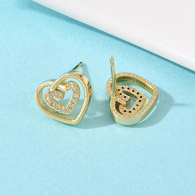 Серьги-гвоздики в форме сердца из латуни с прозрачным фианитом и прозрачным фианитом EJEW-F400-28A-G-1