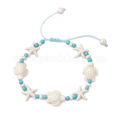 Плетеные браслеты из синтетических бирюзовых бусин с морскими звездами и черепахами для женщин BJEW-JB12130-03-1