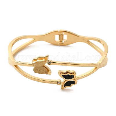 Браслеты-зажимы с эмалью из нержавеющей стали 304 с вакуумным покрытием в виде бабочки для женщин BJEW-F474-31G-1