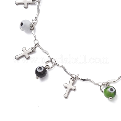 3 шт. двухцветные браслеты на ногу ручной работы с подвеской в виде сглаза и цепочкой из нержавеющей стали 304 с крестообразными звеньями и кисточками для женщин AJEW-AN00741-1