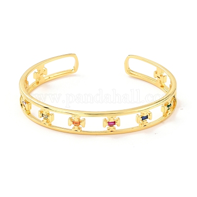 Браслет-манжета с полым крестом и кубическим цирконием BJEW-D448-12G-RS-1