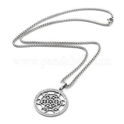 Ожерелье с подвеской в виде плоского круглого шестиугольника из хрустальных страз с цепочкой из нержавеющей стали 201 NJEW-K253-11P-1