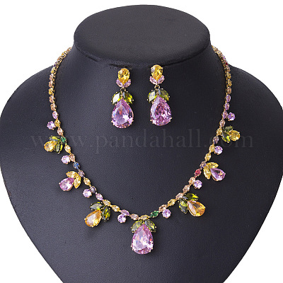 Комплекты из серег и ожерелий с подвесками в форме капли из латуни и кубическим цирконием FS-WGEF58E-01-1